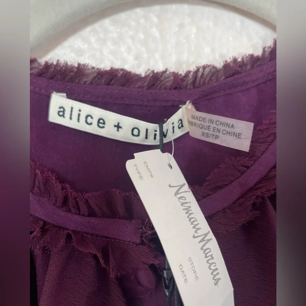 Alice + Olivia Silk Elisa High Neck Wine Merlot Ruffle Sleeveless Top Women’s XS - Picture 5 of 16